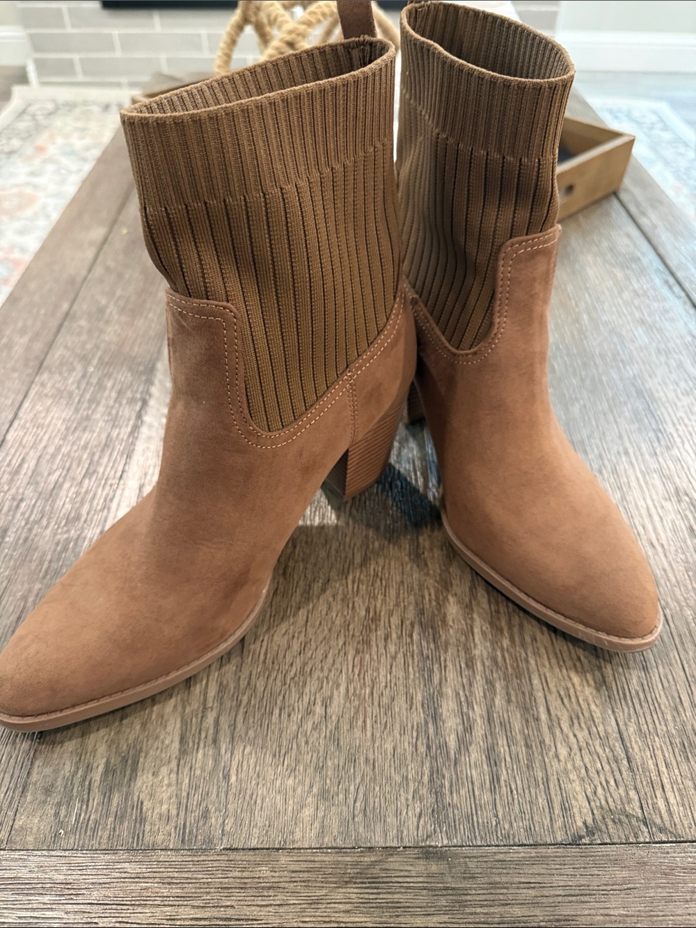Time and Tru Ribbed Sock Suede Ankle Booties in Brown